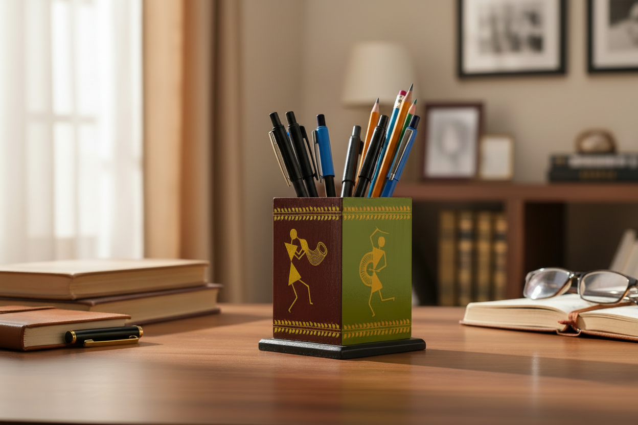 Handcrafted Channapatna pen stand colorful hand-painted wooden holder