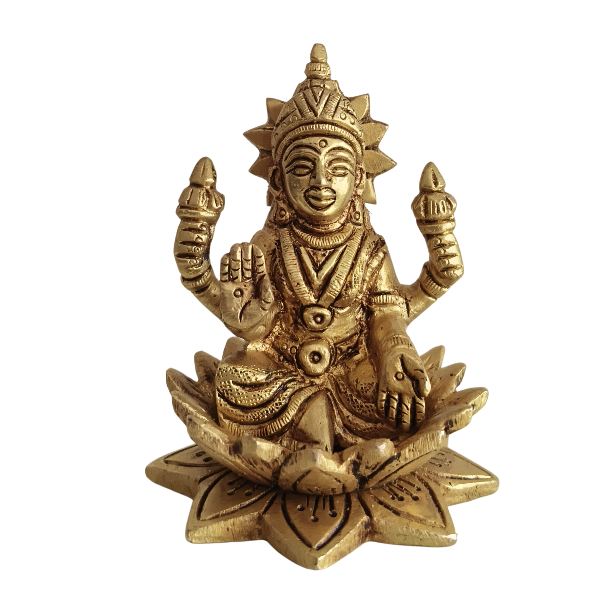 Miniature Golden Brass Idol of Goddess Lakshmi Seated on a Lotus