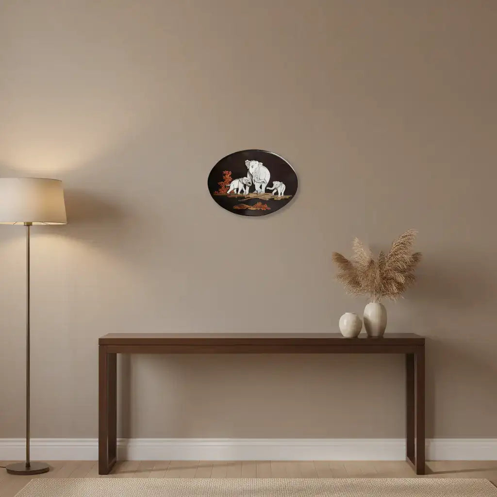 Elephant Family in the Forest – Oval Rosewood Inlay Art Frame   Inlay Art