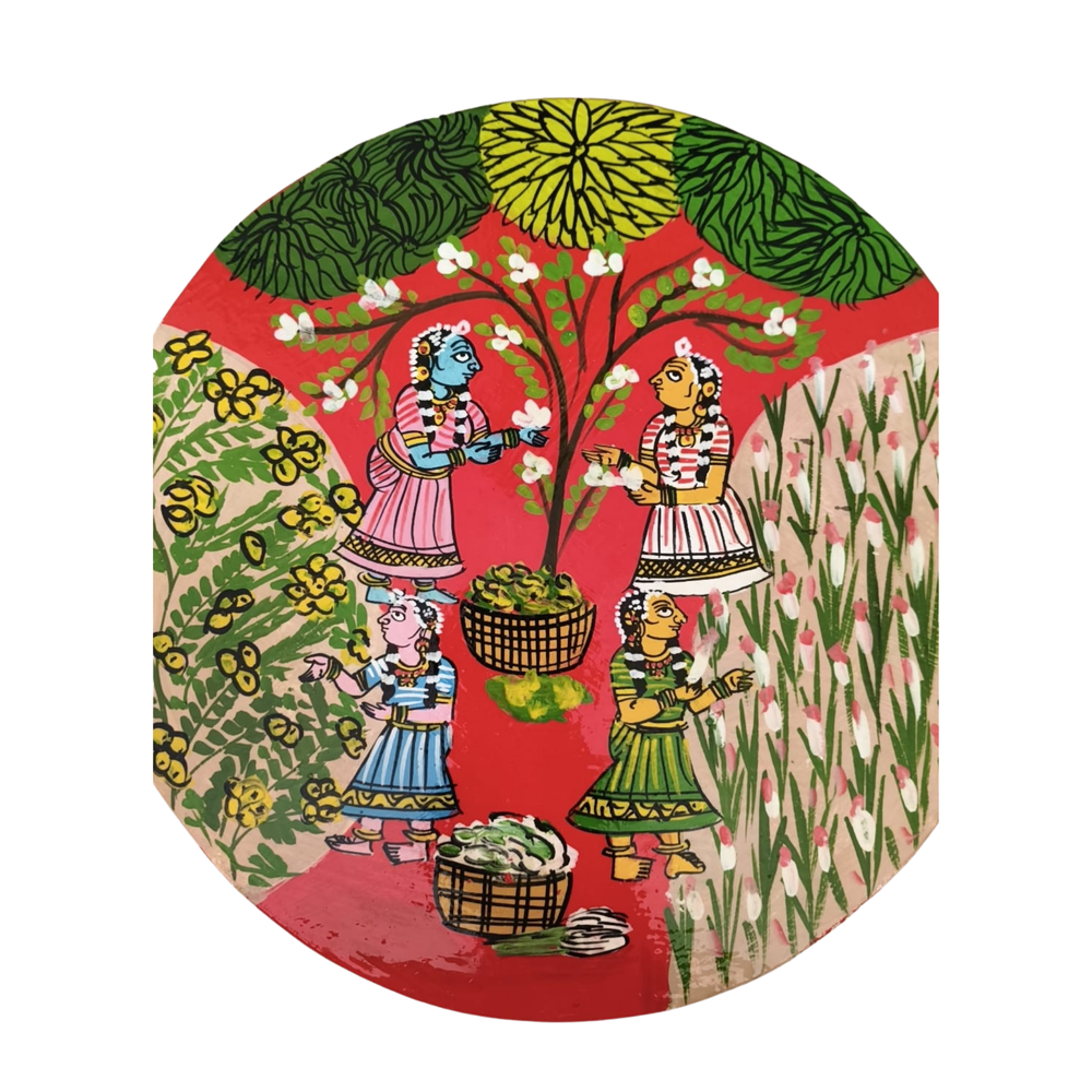 Cheriyal Flower Gathering Scene – Hand-Painted Round Wall Decor   wall decor