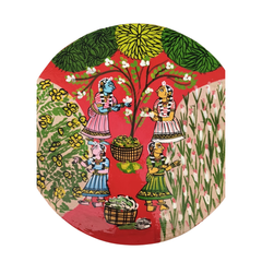 Cheriyal Flower Gathering Scene – Hand-Painted Round Wall Decor   wall decor