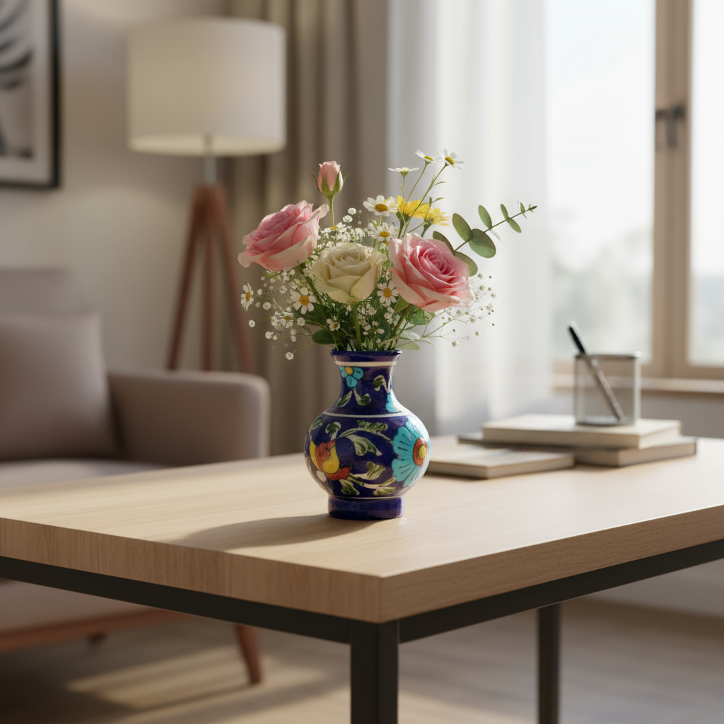 Artisan Blue Pottery Miniature Vase | Hand-Painted Floral Decor