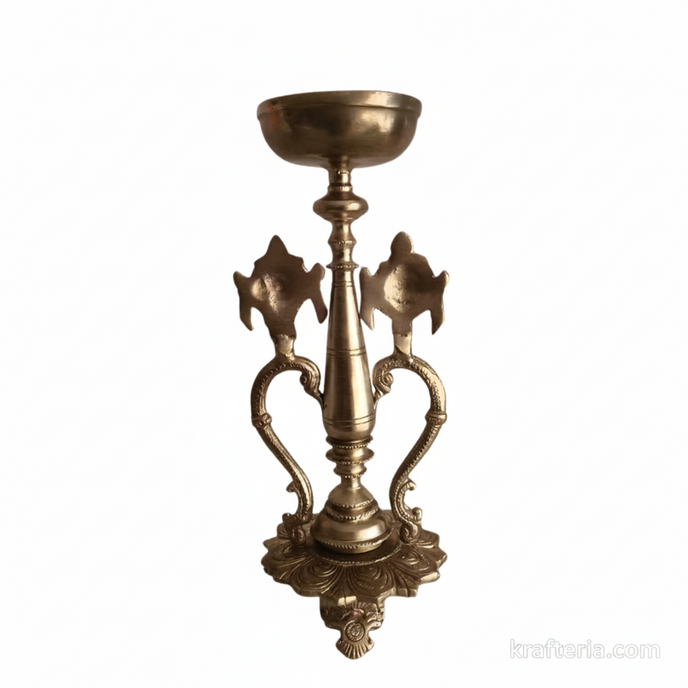 Sacred Brass Vishnu Shankh Chakra Pedestal Lamp | Traditional Divine Altar Diya   Brass Artwork
