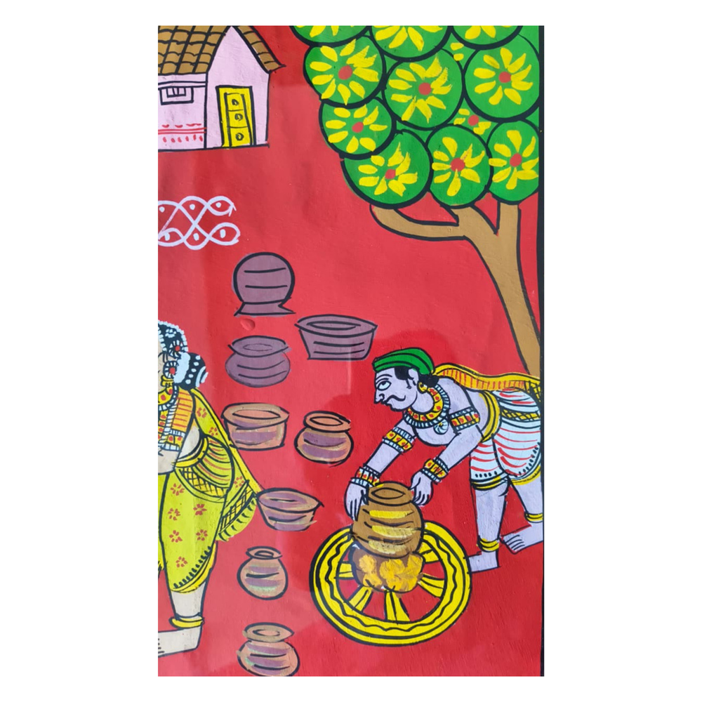 Hand-Painted Village Well & Daily Life Cheriyal Painting   Cheriyala Painting