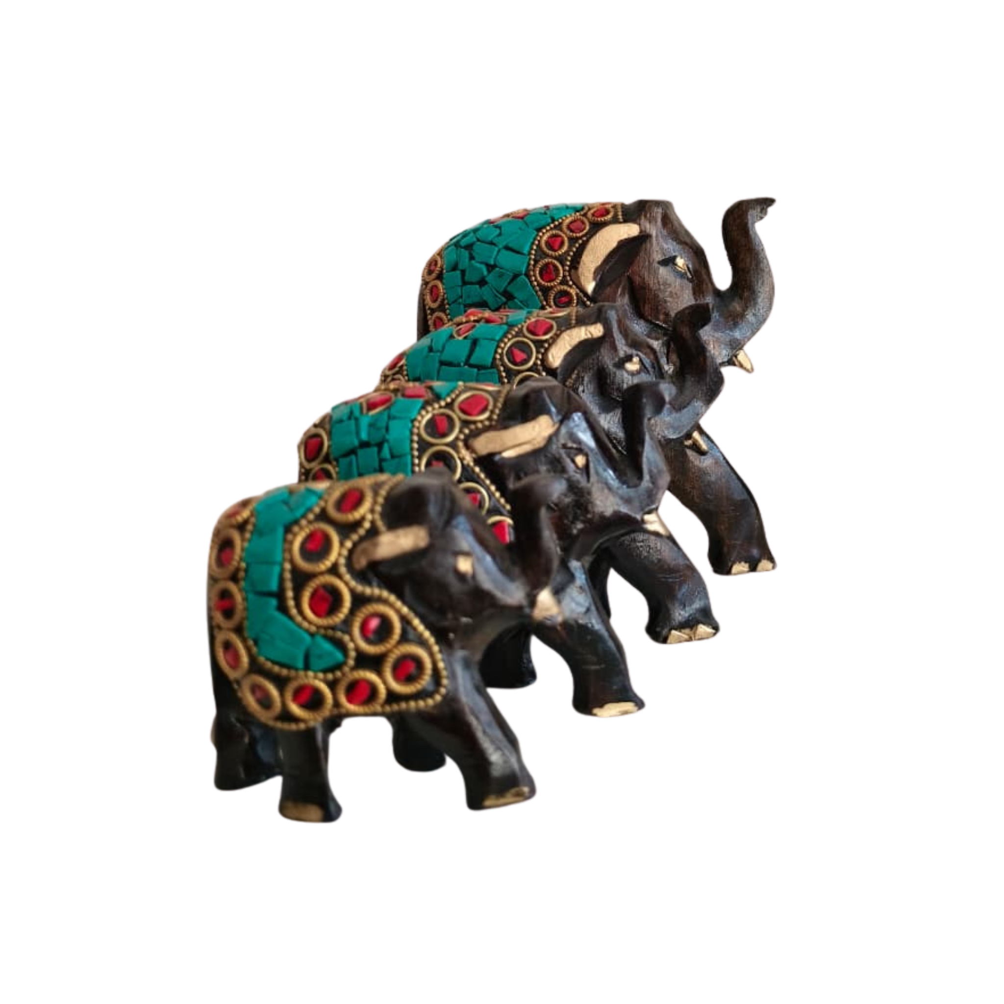 Wooden Hand Painted Elephant With Blue Stone
