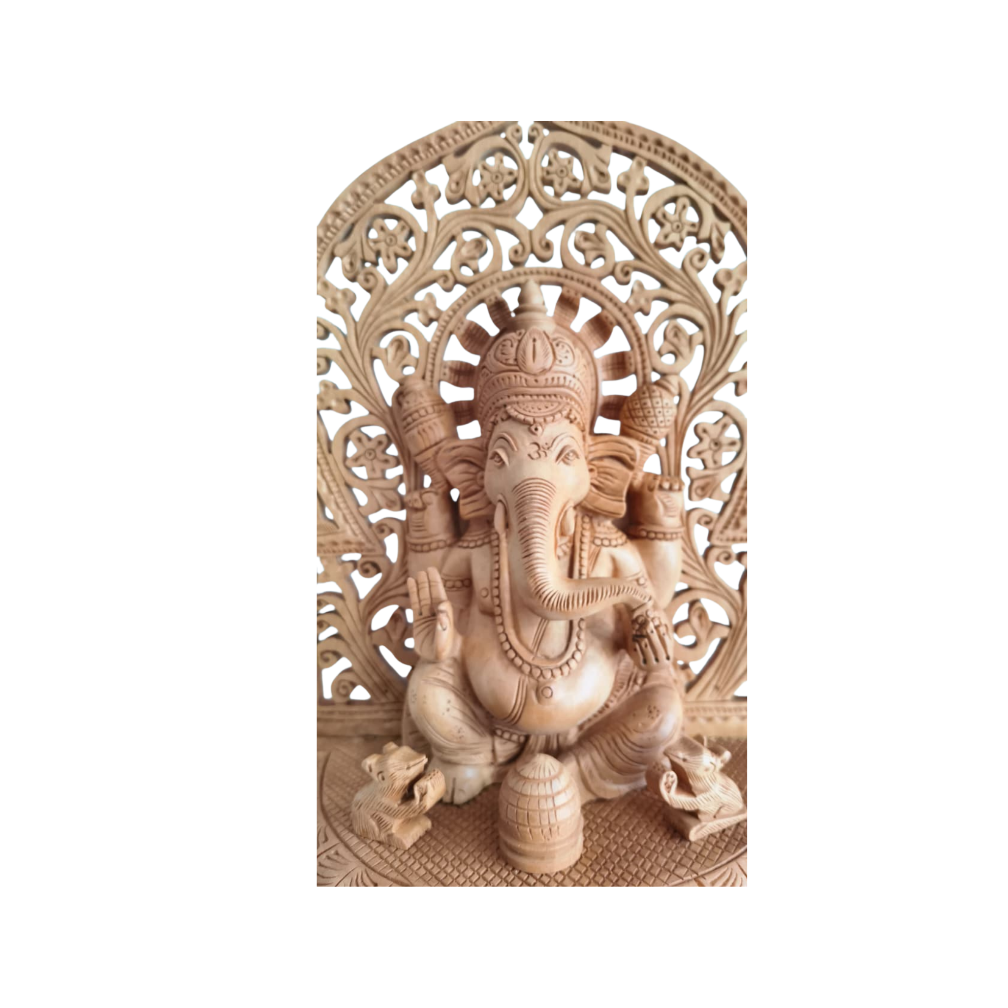 Intricate Wooden Ganesha Idol with Floral Prabhavali and Lotus Base