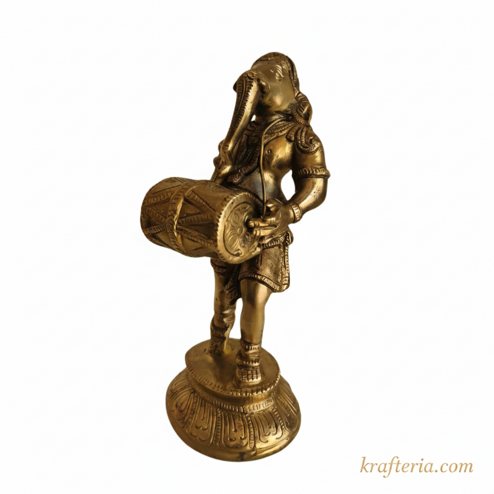Lord Ganesha Playing Dholak Altar Statue for Home Temple & Decor   Brass Artwork