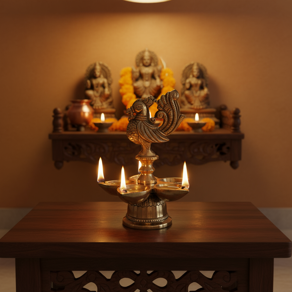 A golden brass five-wick oil lamp (Pancha Mukhi Diya) featuring a detailed peacock figure on top, with five small deepak bowls arranged around its base, against a light textured background.