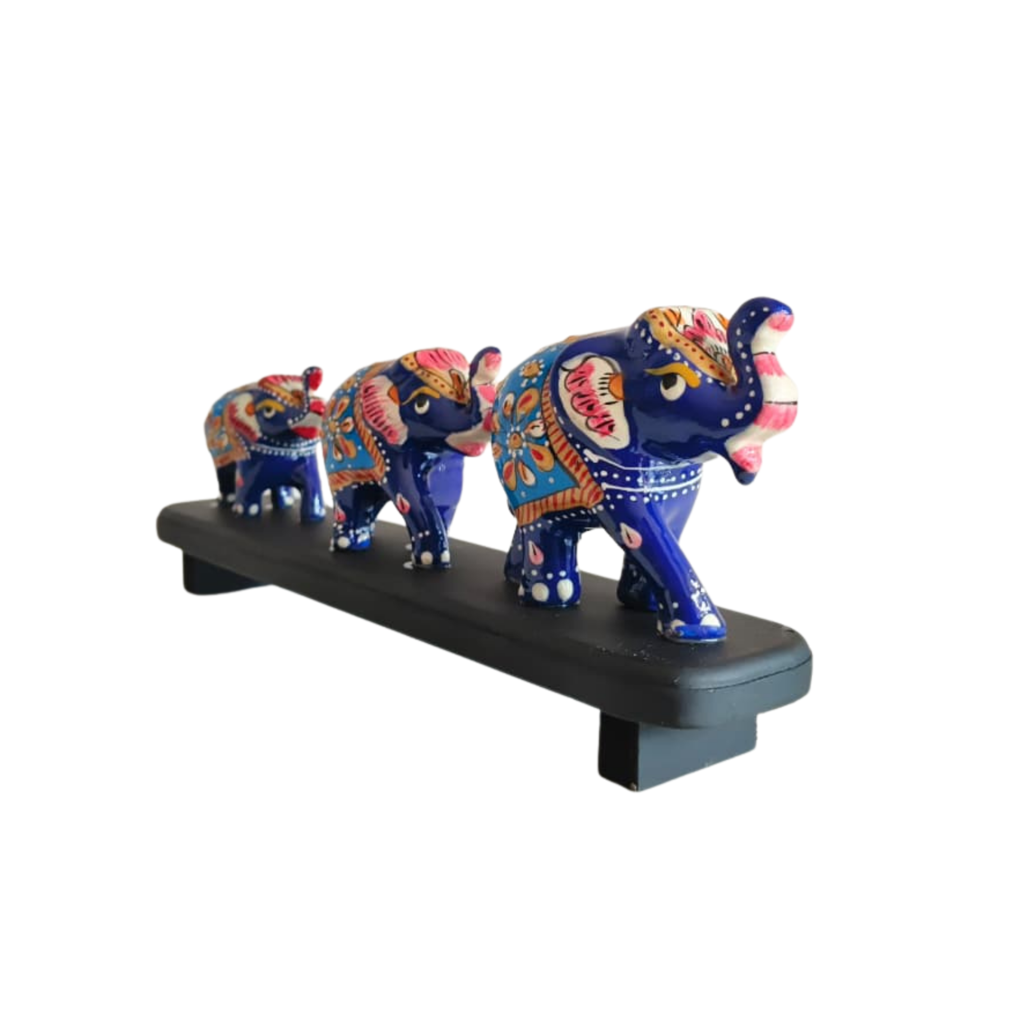 Hand-Painted Blue Elephant Family Figurines on Display