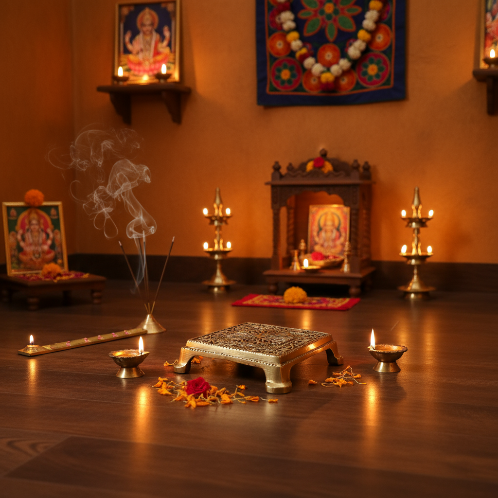 Square Brass Puja Pedestal with Filigree Design