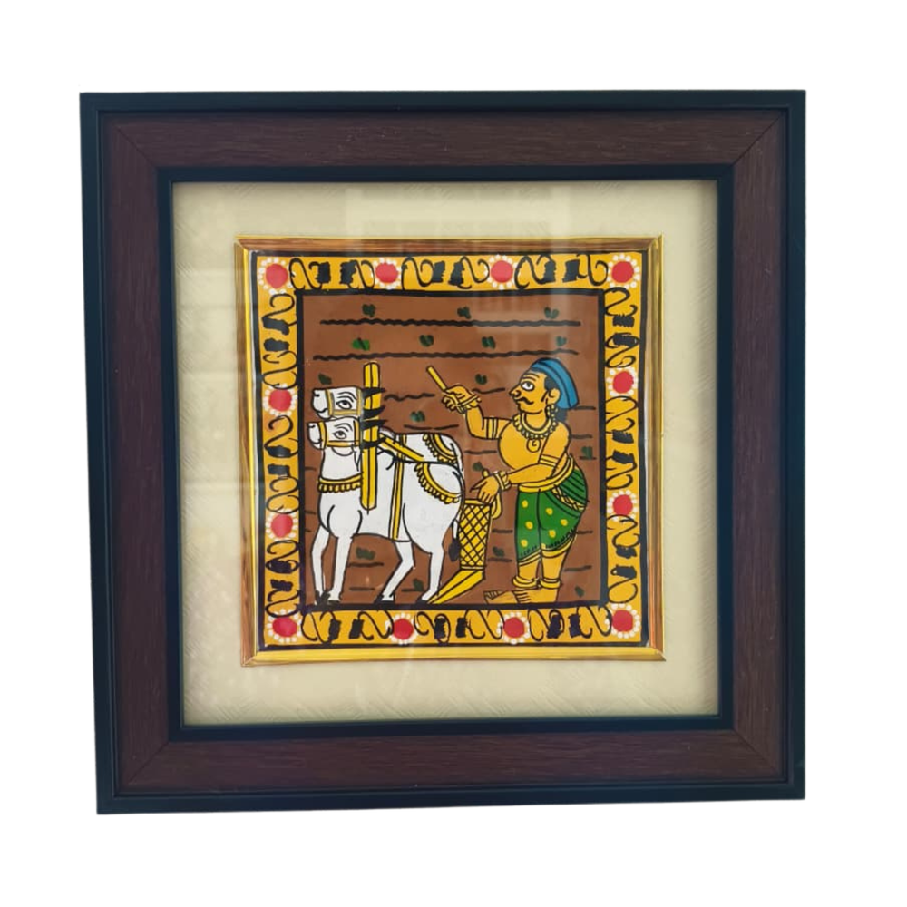 Traditional Farmer Plowing the Field - Cheriyal Folk Art Painting   Cheriyala Painting