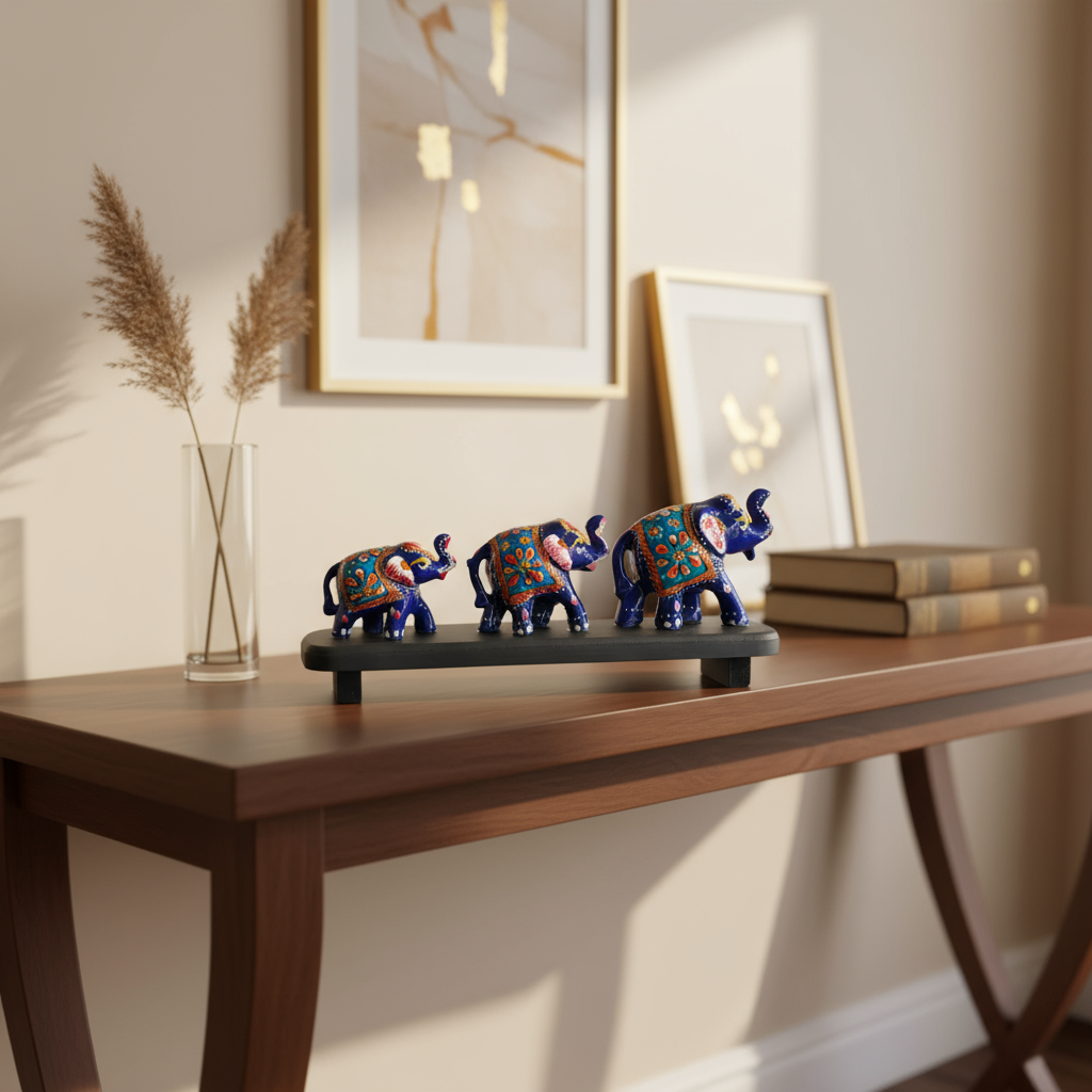 Hand-painted blue elephant family figurines with traditional Indian floral artwork displayed for home décor