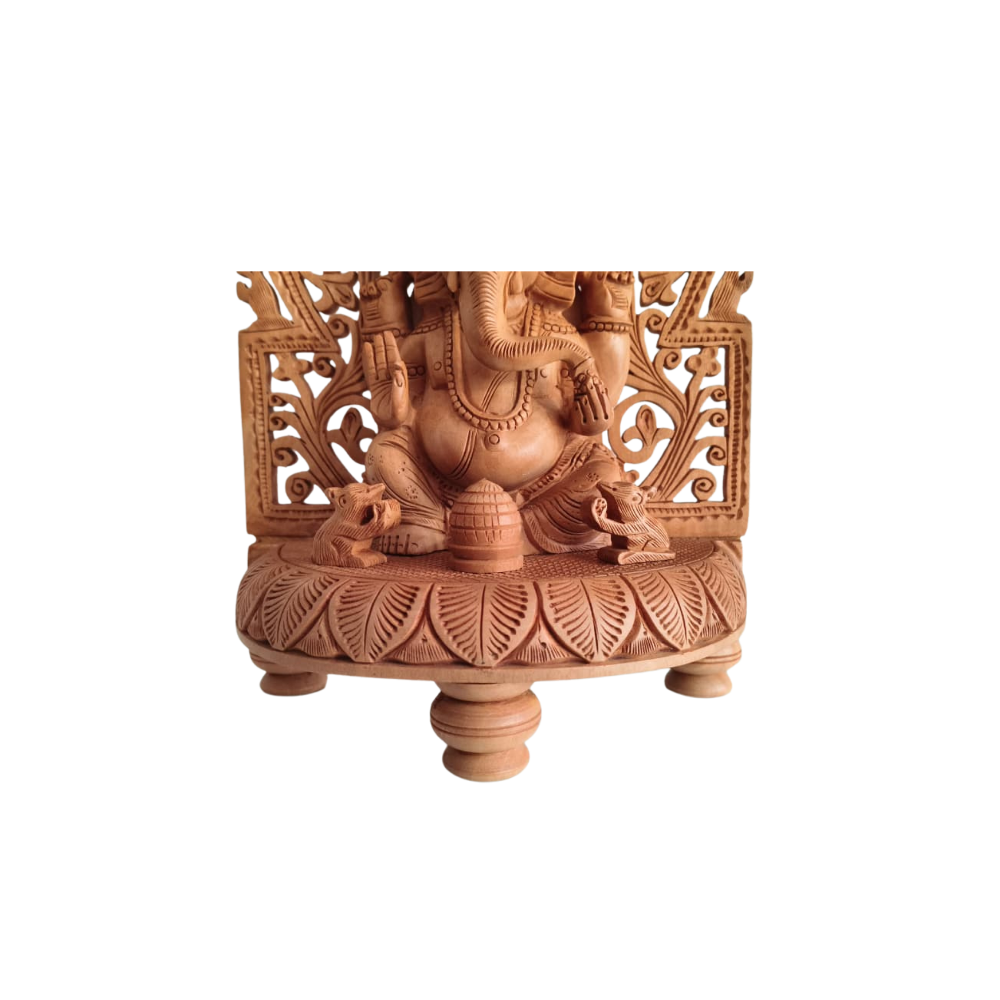 Intricate Wooden Ganesha Idol with Floral Prabhavali and Lotus Base