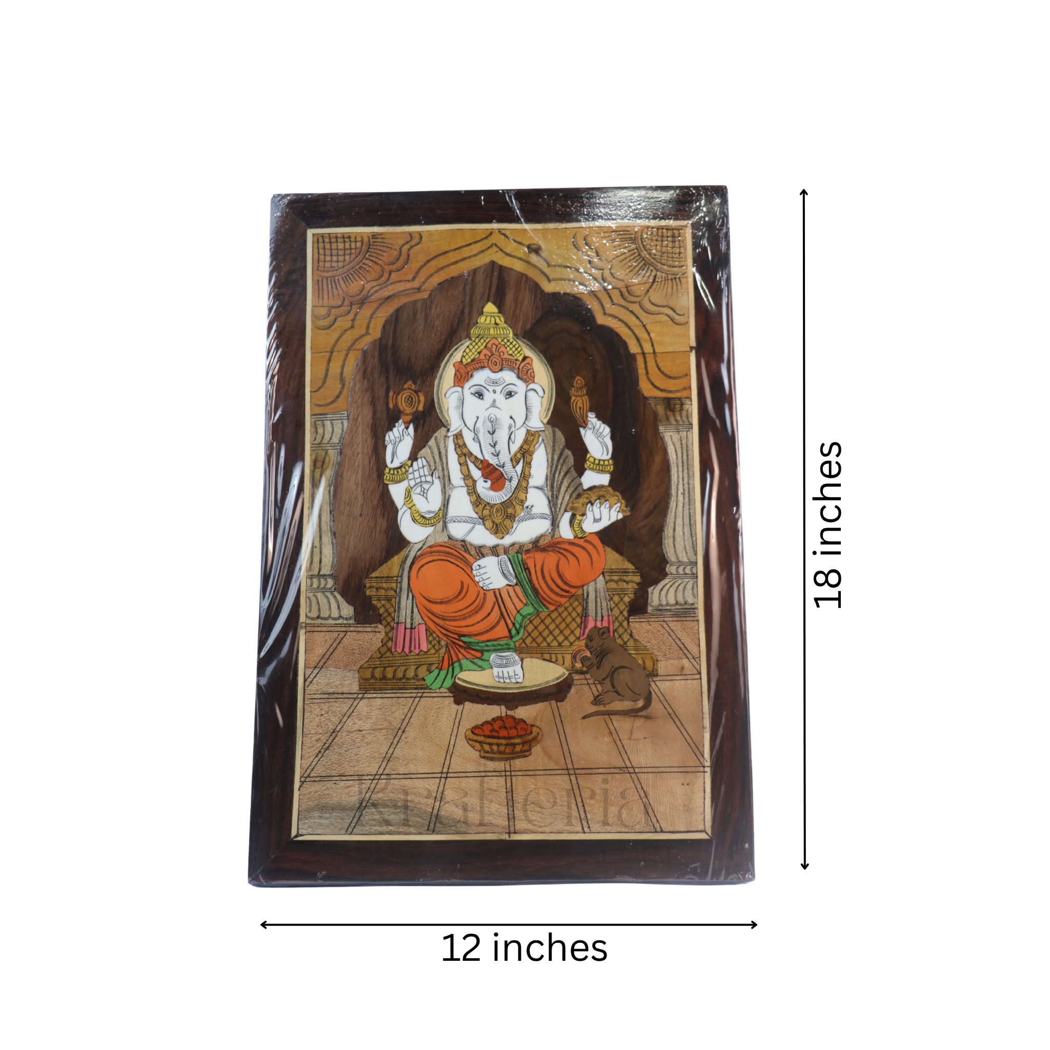 Intricate Rosewood Inlay Frame of Lord Ganesh with Shankh & Chakra