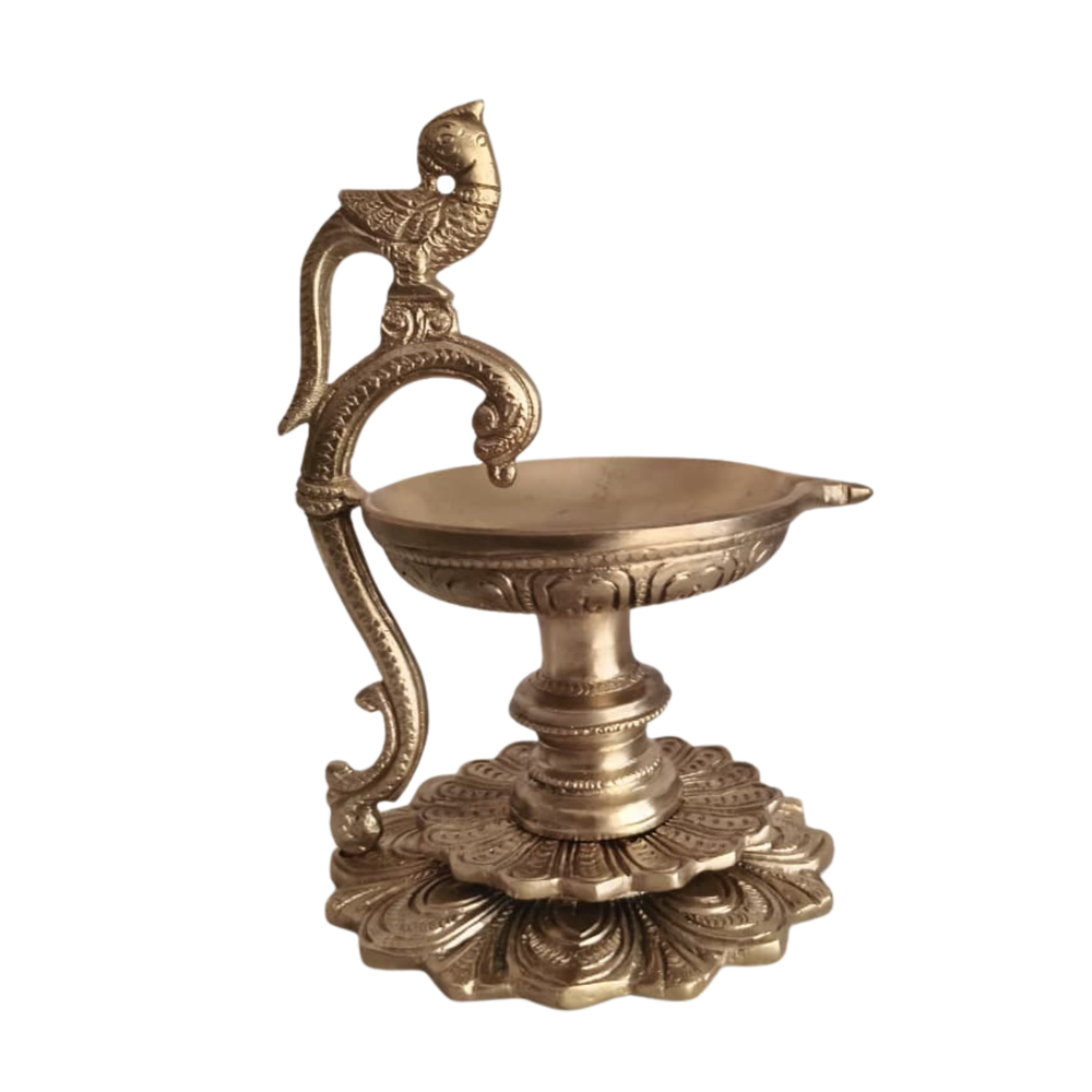 Handcrafted Brass Peacock Pedestal Diya – Traditional Tabletop Oil Lamp with Lotus Base   Brass Artwork