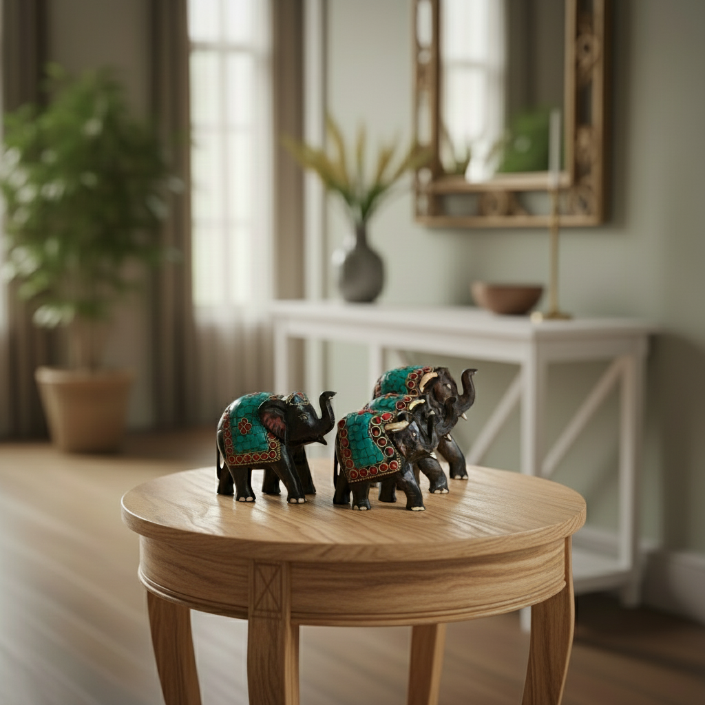 Wooden Hand Painted Elephant With Blue Stone