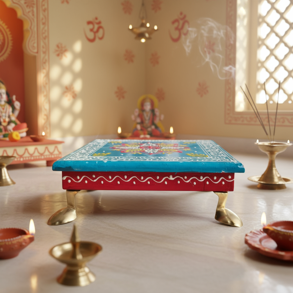 Hand-Painted Wooden Pooja Stool (Chowki) with Traditional Design