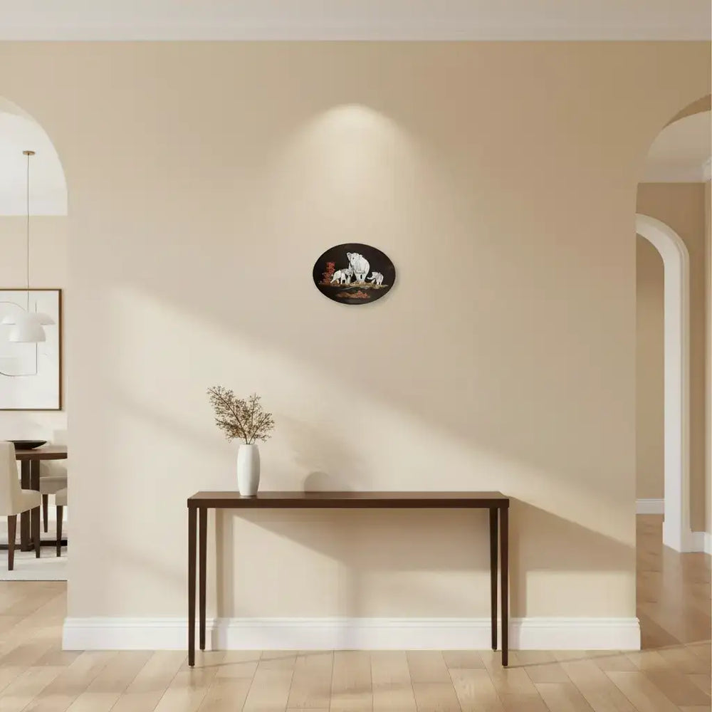 Elephant Family in the Forest – Oval Rosewood Inlay Art Frame   Inlay Art