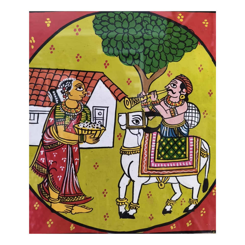 Village Woman Offering Food Scene - Cheriyal Folk Painting   Cheriyala Painting
