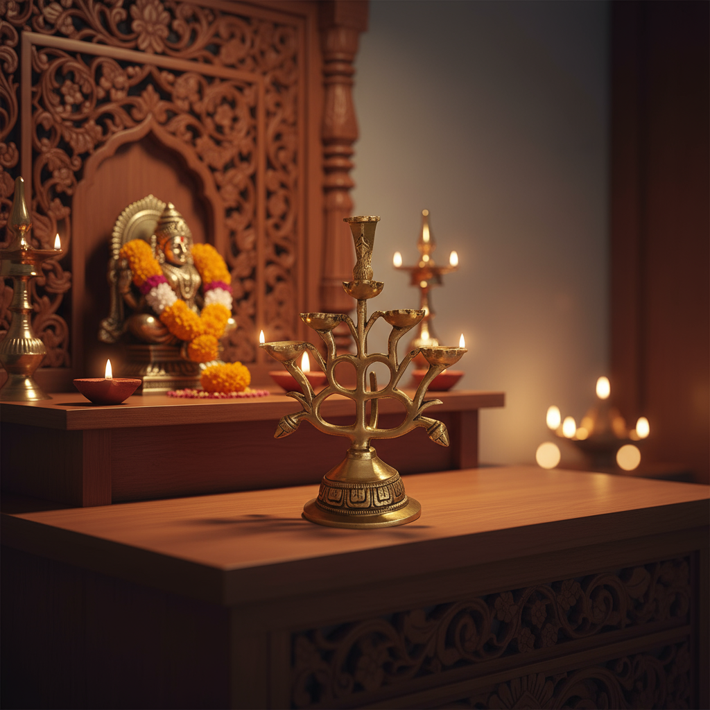 Ornate Brass Multi-Wick Diya Lamp with Peacock Motif - Traditional Pooja Item