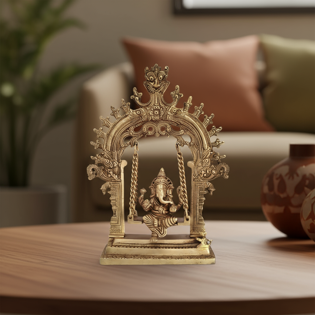 Unique Brass Lord Ganesha on Swing (Jhula): Idol of Joy, Playfulness, and Auspiciousness