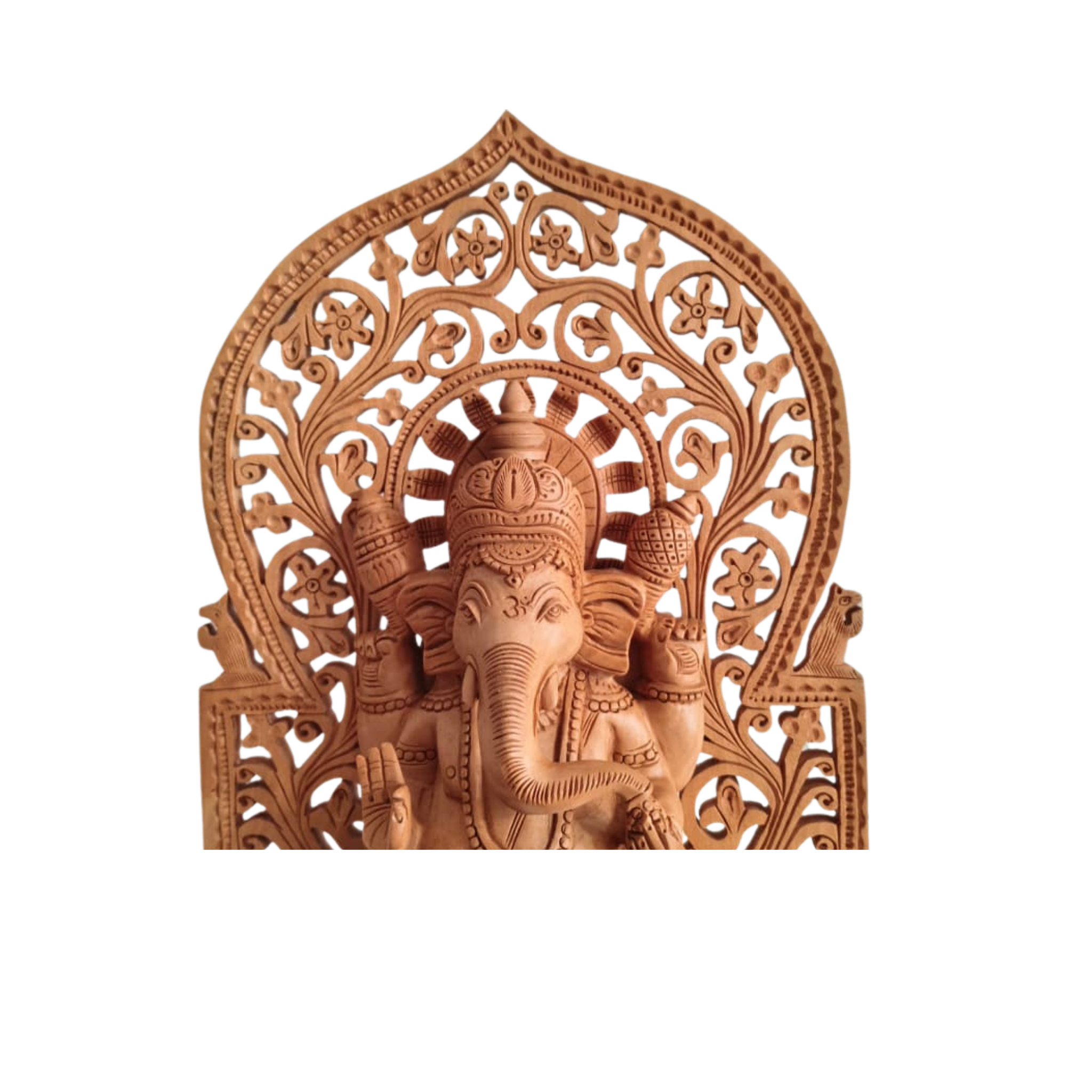Intricate Wooden Ganesha Idol with Floral Prabhavali and Lotus Base