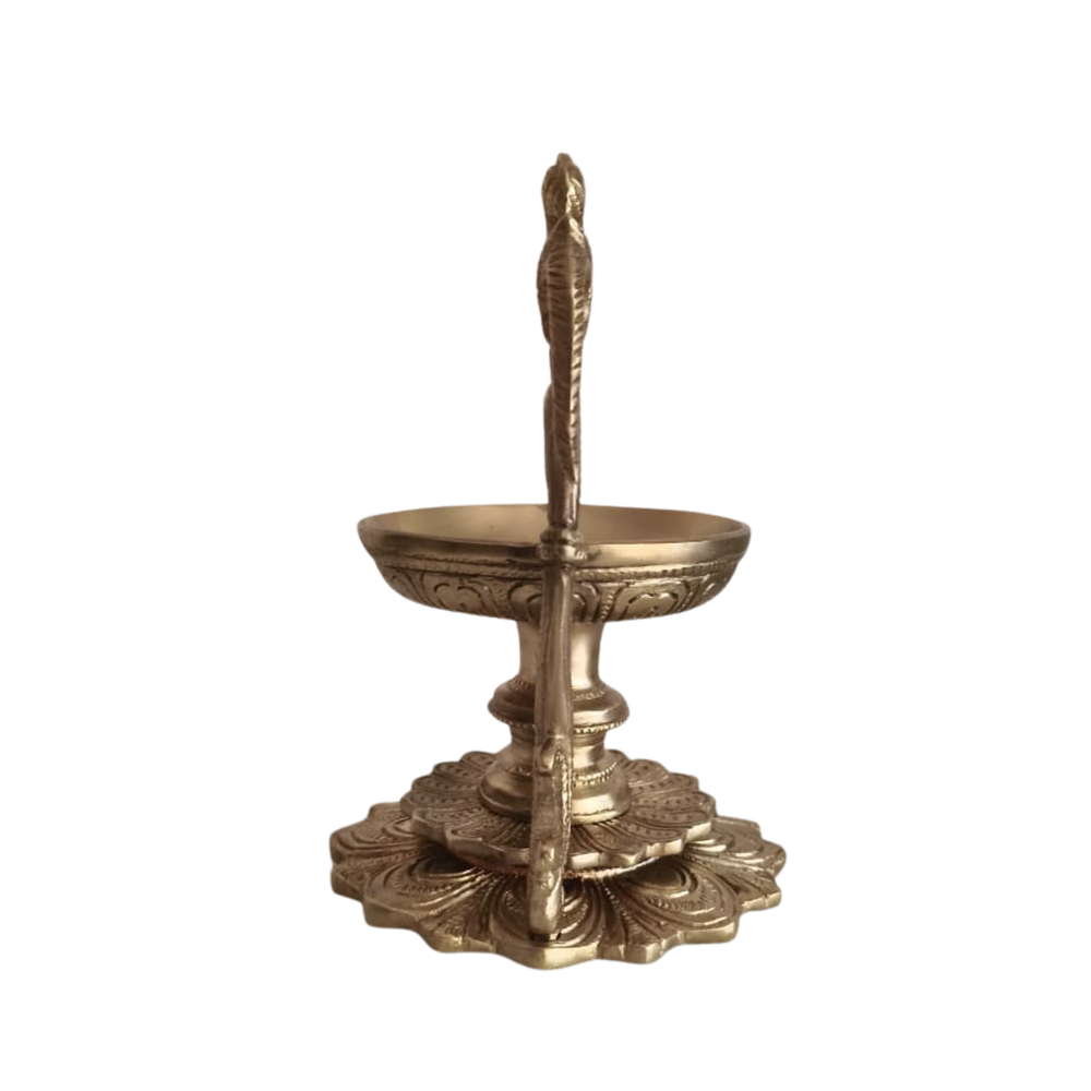 Handcrafted Brass Peacock Pedestal Diya – Traditional Tabletop Oil Lamp with Lotus Base   Brass Artwork