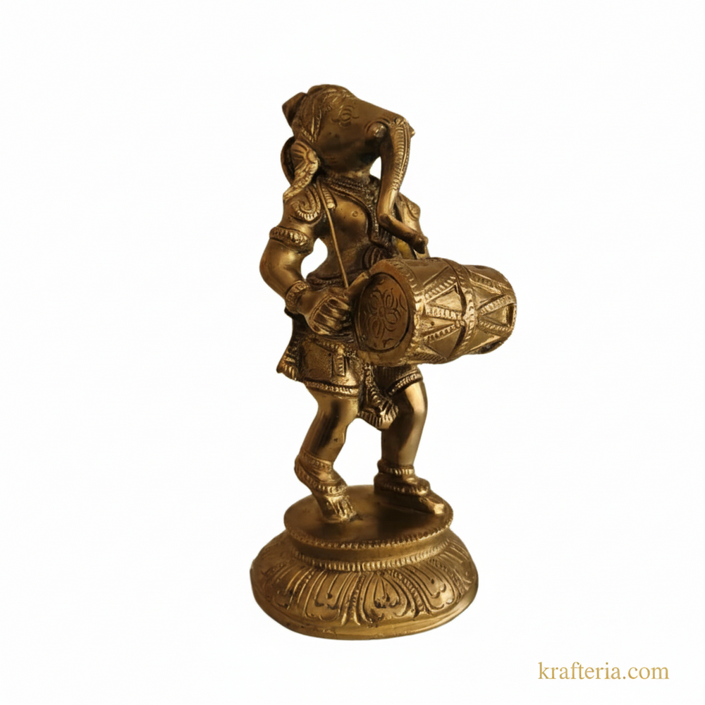 Lord Ganesha Playing Dholak Altar Statue for Home Temple & Decor   Brass Artwork