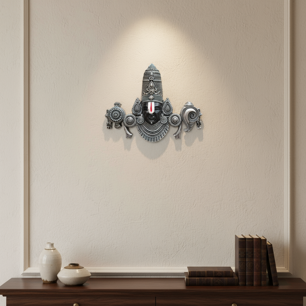 Intricately carved Tirupati Balaji Swamy face wall hanging with traditional detailing for home temple décor