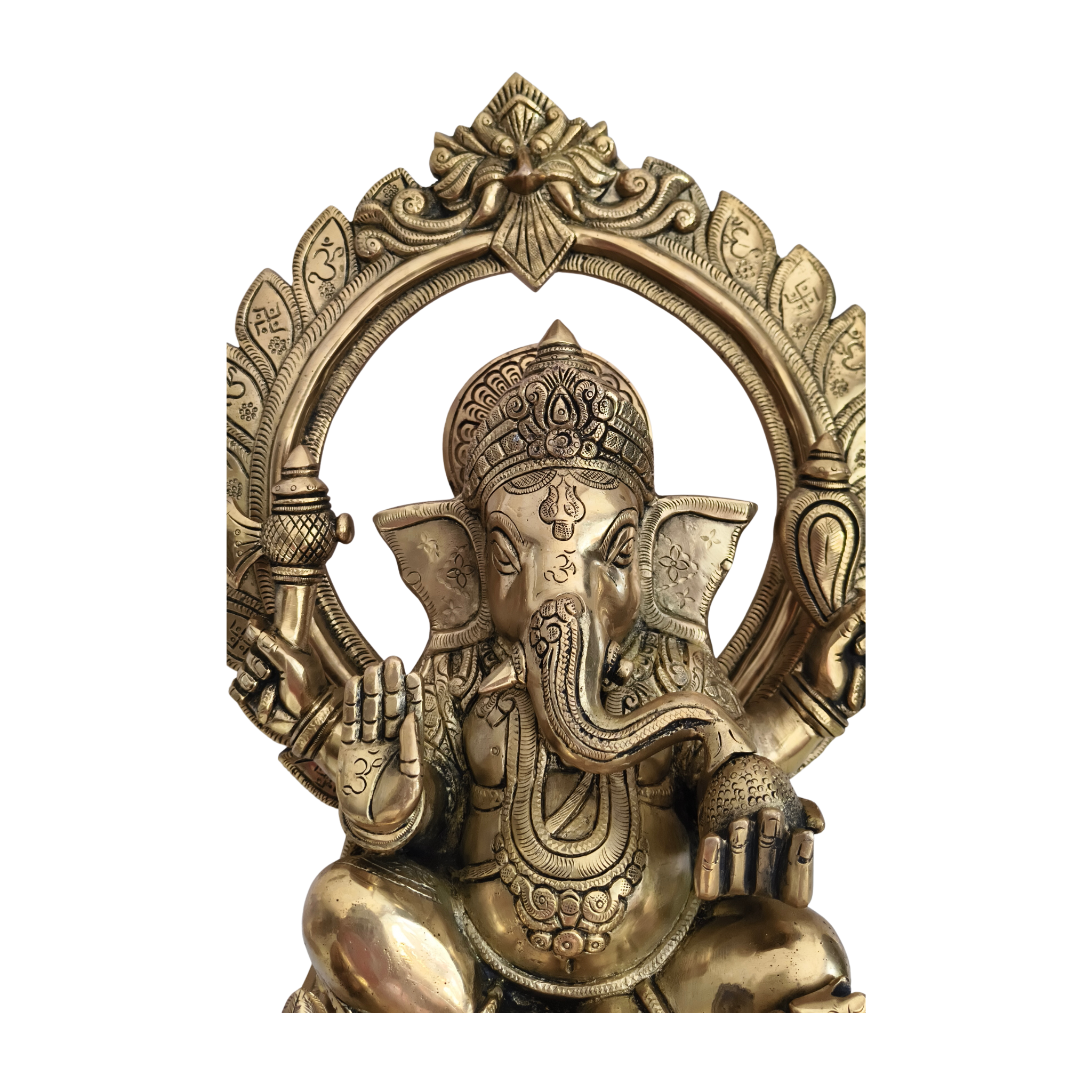 Brass Lord Ganesha Idol on Pedestal with Ornate Prabhavali Arch