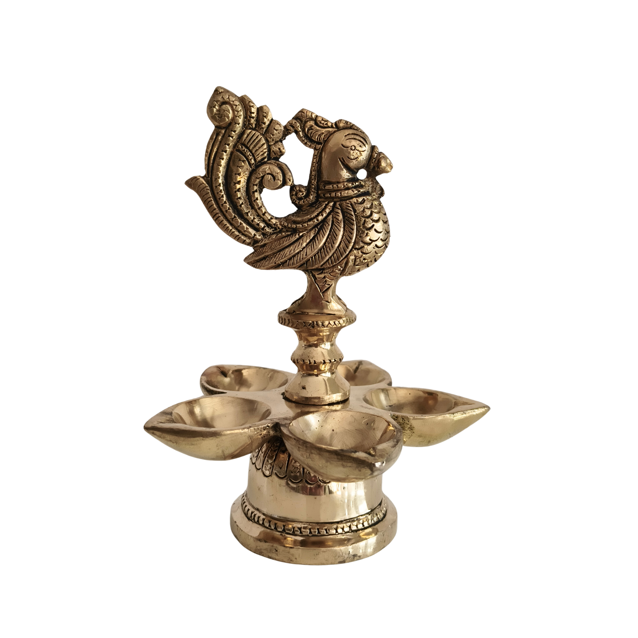 Brass Pancha Mukhi Peacock Diya - Five-Wick Traditional Oil Lamp