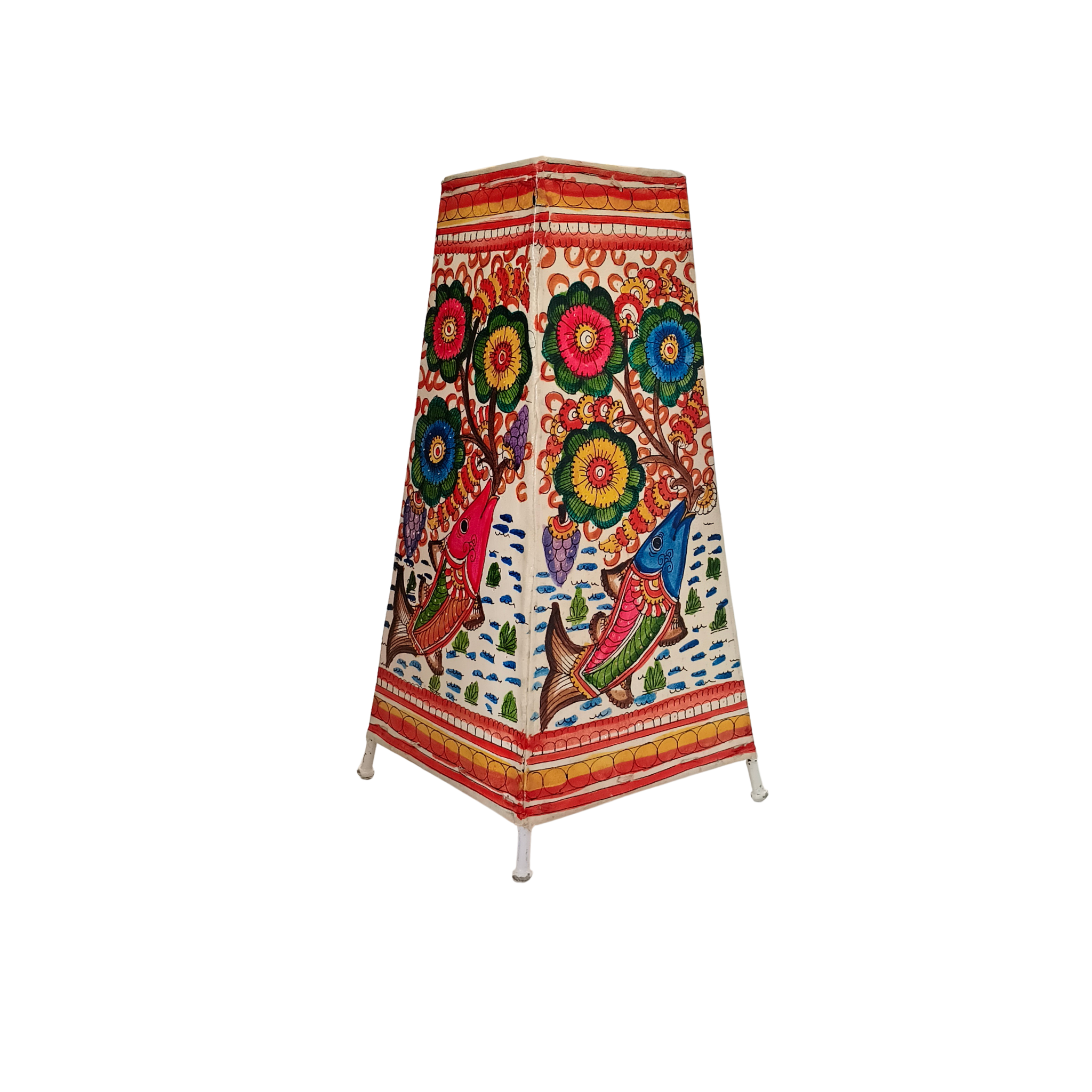 Hand-Painted Leather Lamp with Vibrant Fish and Tree of Life Motif