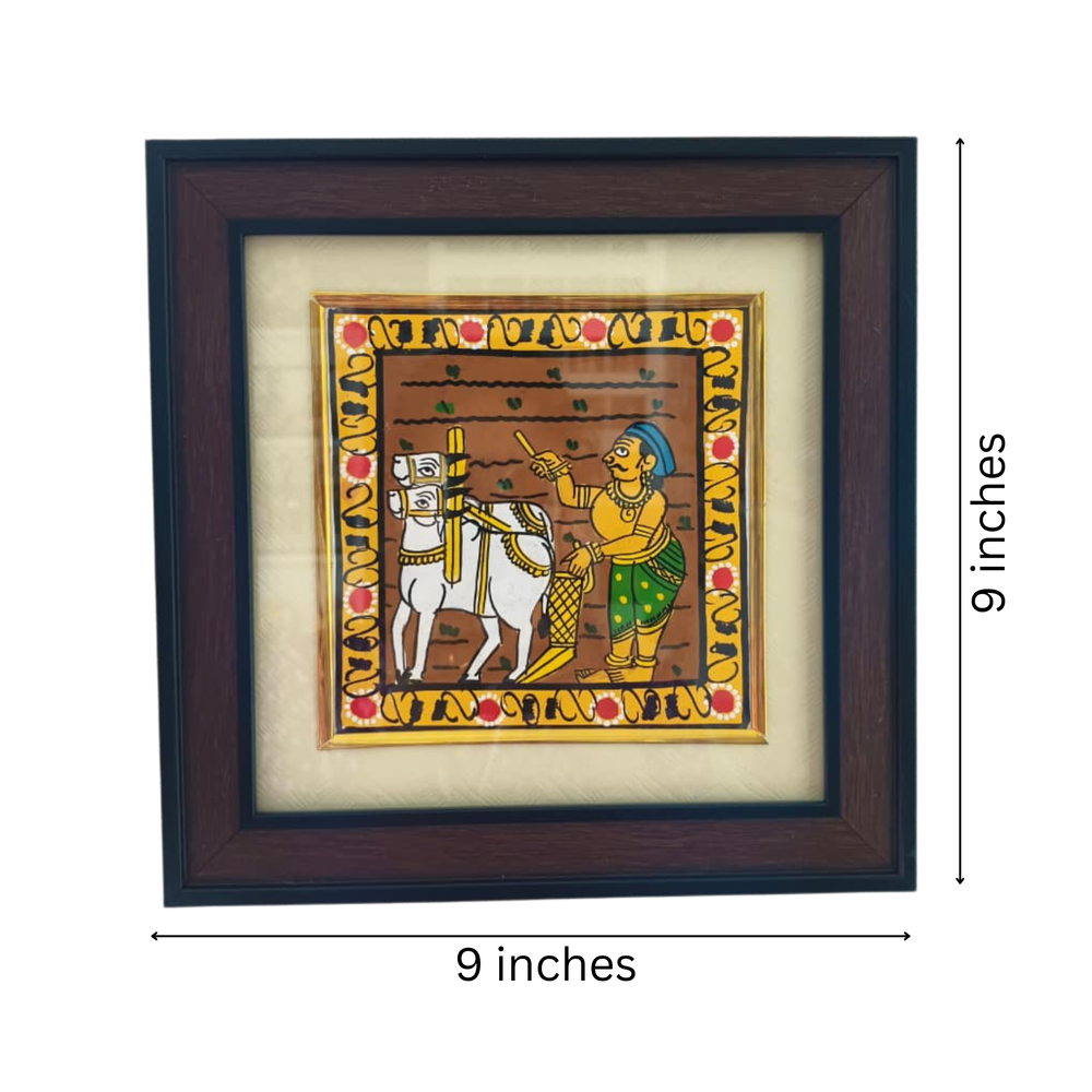 Traditional Farmer Plowing the Field - Cheriyal Folk Art Painting   Cheriyala Painting