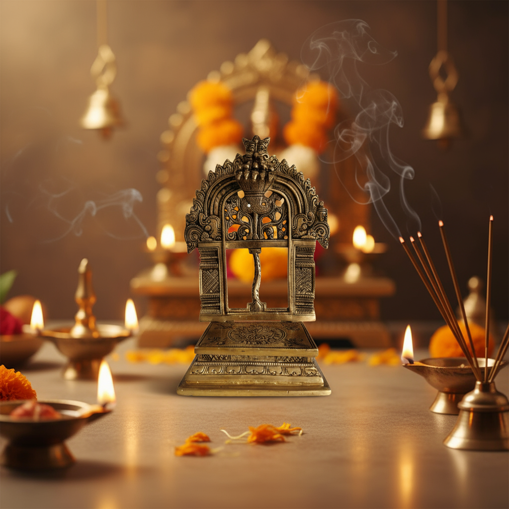 An intricately carved brass Prabhavali (arch) with a Kirtimukha at the top and elaborate scrollwork, designed as a backdrop for a deity idol.