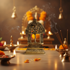 An intricately carved brass Prabhavali (arch) with a Kirtimukha at the top and elaborate scrollwork, designed as a backdrop for a deity idol.