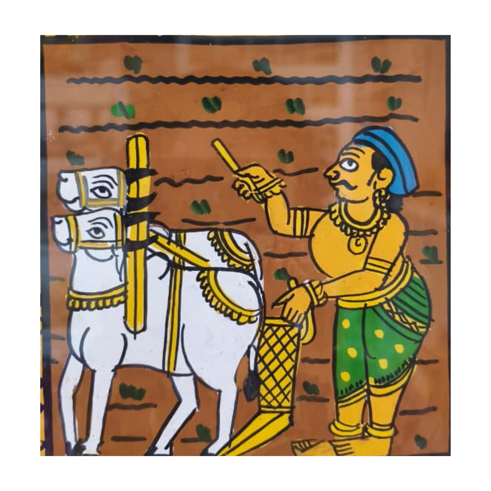 Traditional Farmer Plowing the Field - Cheriyal Folk Art Painting   Cheriyala Painting