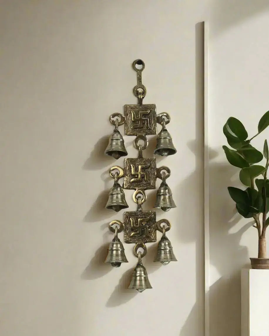 Elegant Brass Swastik Bell Wall Art with Spiritual Significance   Brass Ware