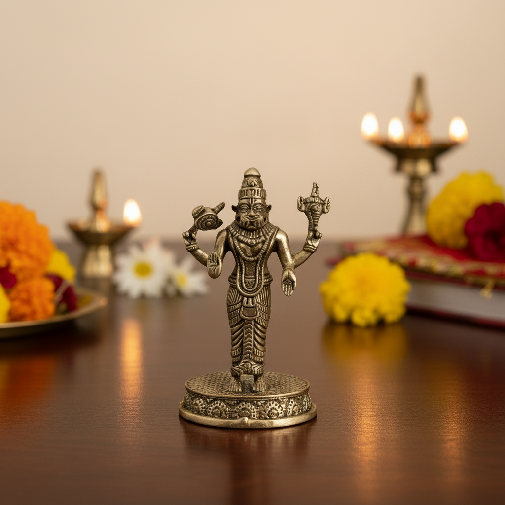 Exquisite Four-Armed Brass Idol of Ugra Narasimha (Man-Lion Avatar of Lord Vishnu)