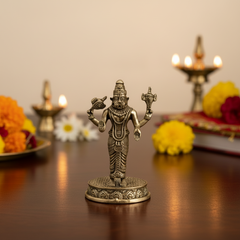 Exquisite Four-Armed Brass Idol of Ugra Narasimha (Man-Lion Avatar of Lord Vishnu)