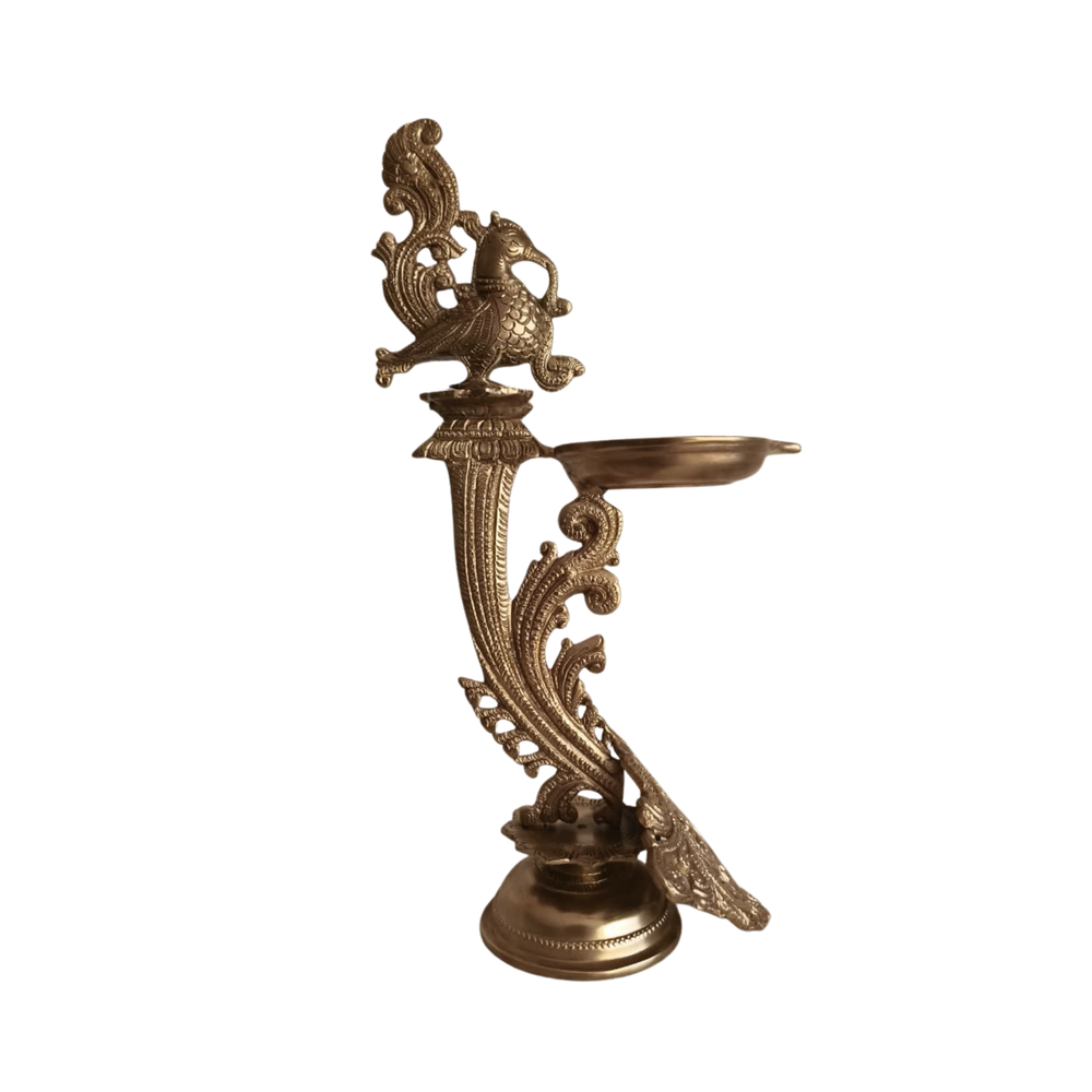 Traditional Hanging Peacock Oil Lamp for Home Temple & Festive Decor   Brass Artwork
