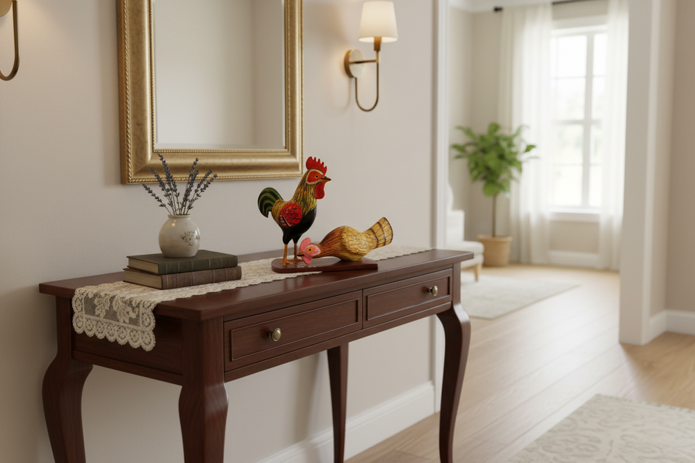 Traditional Nirmal lacquered rooster and hen wooden folk art toys