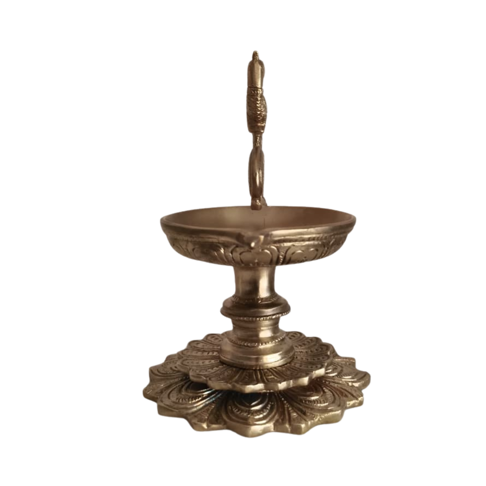 Handcrafted Brass Peacock Pedestal Diya – Traditional Tabletop Oil Lamp with Lotus Base   Brass Artwork