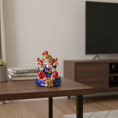 Intricately Painted Royal Blue and Red Lord Ganesha Idol with Turban