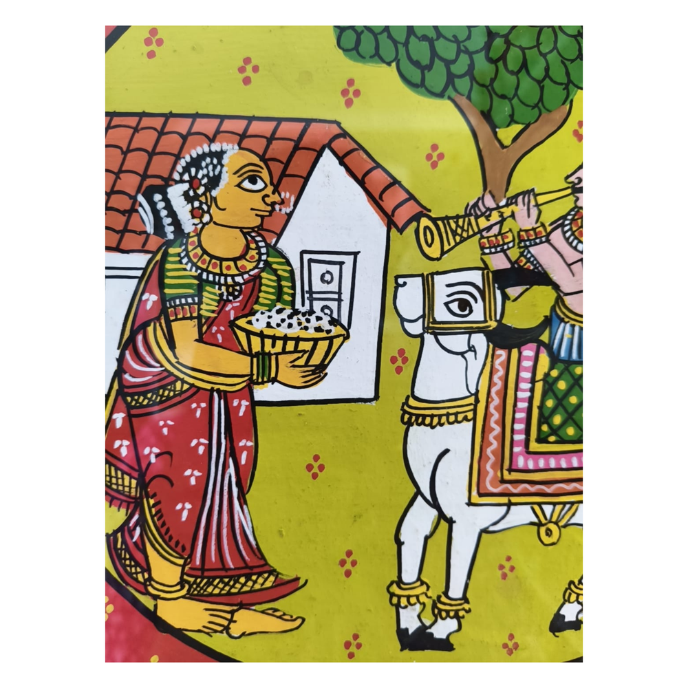 Village Woman Offering Food Scene - Cheriyal Folk Painting   Cheriyala Painting