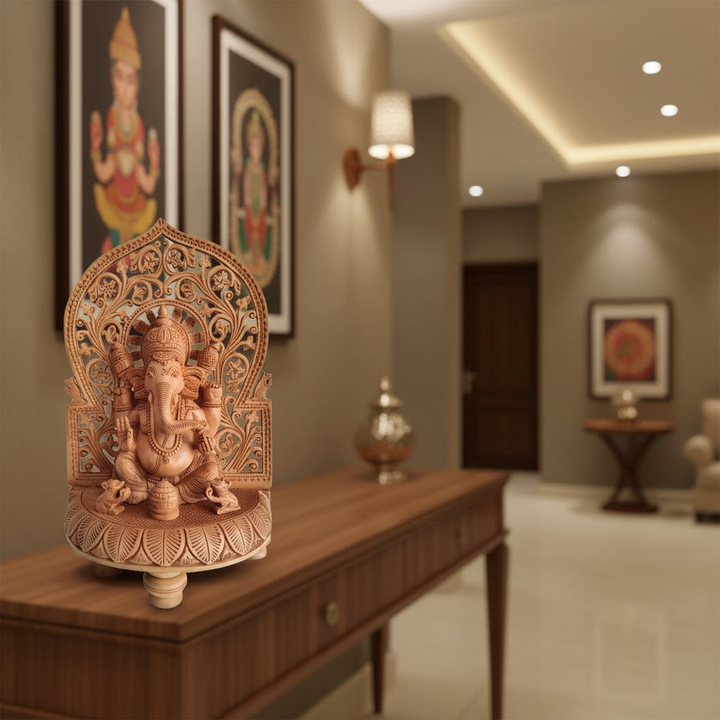 Intricately hand-carved wooden Ganesha idol seated on lotus base with floral prabhavali arch