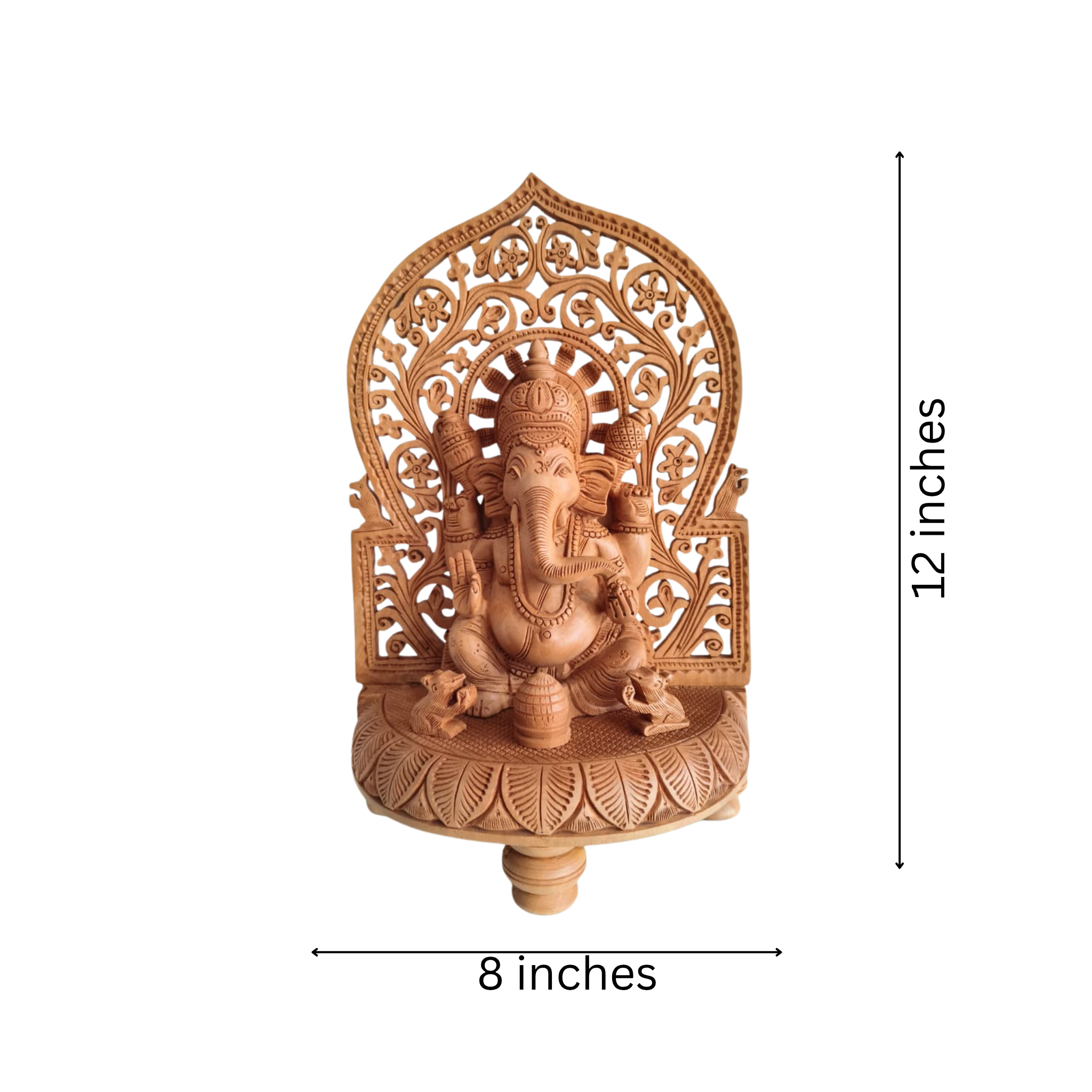 Intricate Wooden Ganesha Idol with Floral Prabhavali and Lotus Base