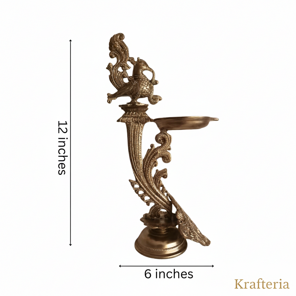 Traditional Hanging Peacock Oil Lamp for Home Temple & Festive Decor   Brass Artwork