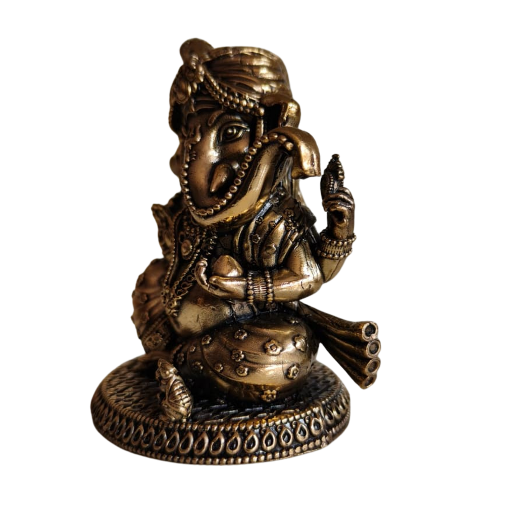 Brass Pagdi Ganesha Statue - Seated Lord Ganpati with Traditional Turban   Brass Artwork