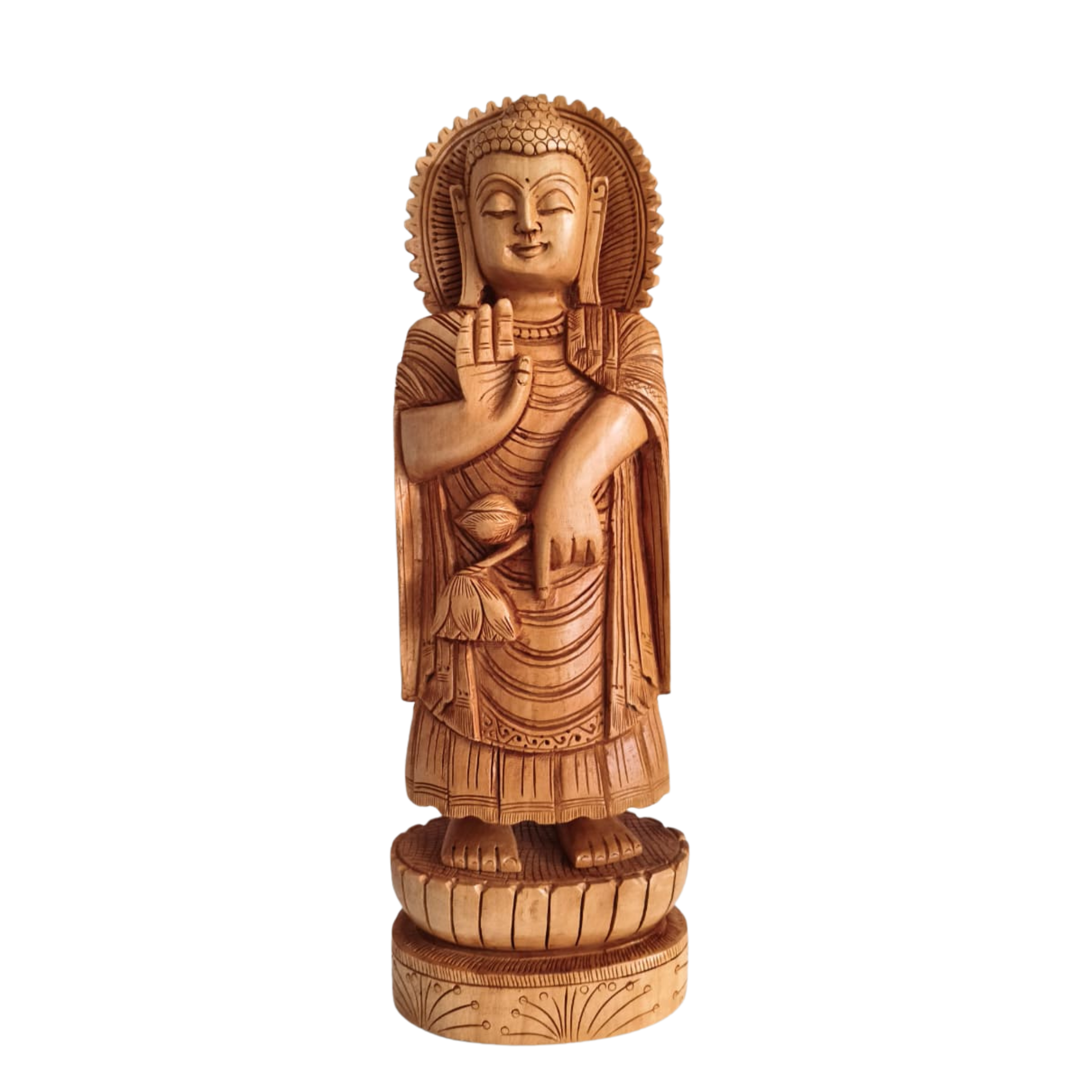 Standing Hand-Carved Wooden Buddha Statue in Abhaya Mudra