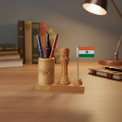 Ashoka Pillar Pen Stand – Wooden Office Table Accessory